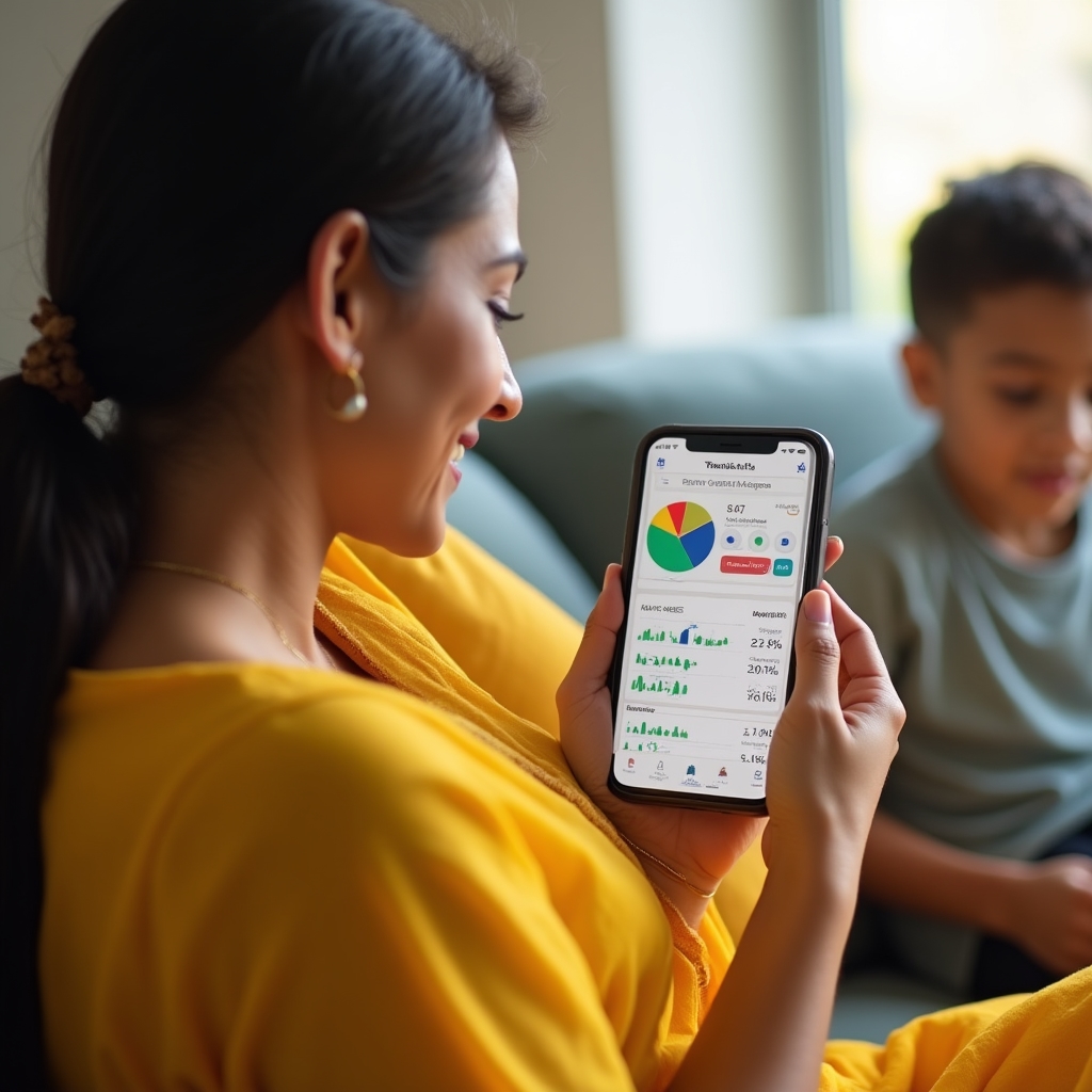 Parent reviewing a child's sports progress report on a smartphone, smiling with satisfaction