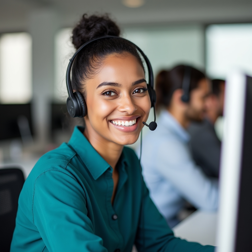 Kavitha Nair, Academy Support Specialist at Radjamaris Goal, speaking warmly on a headset at a support desk